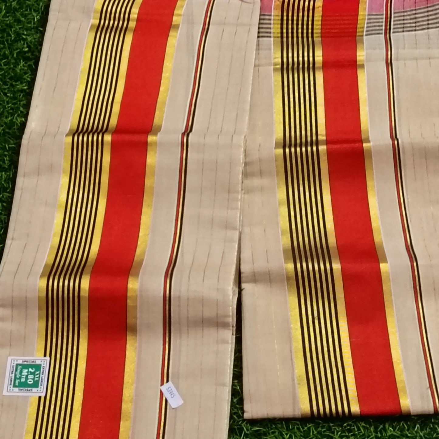 Kerala Cotton Mundu Set – Red & Gold Stripe with Tassels