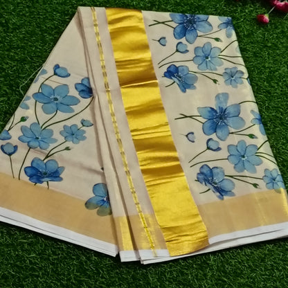 Kerala Tissue Saree – Blue Floral Print with Gold Kasavu Border
