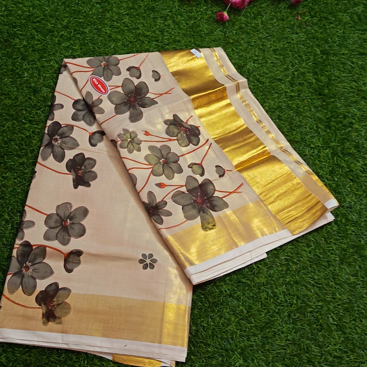 Kerala Printed Kasavu Saree – Cream & Gold with Floral Print