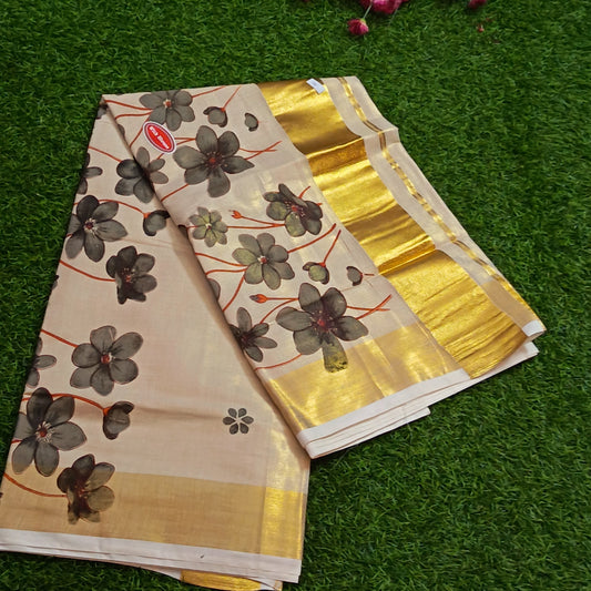 Kerala Printed Kasavu Saree – Cream & Gold with Floral Print