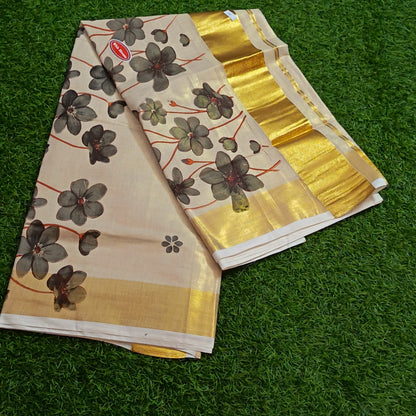 Kerala Printed Kasavu Saree – Cream & Gold with Floral Print
