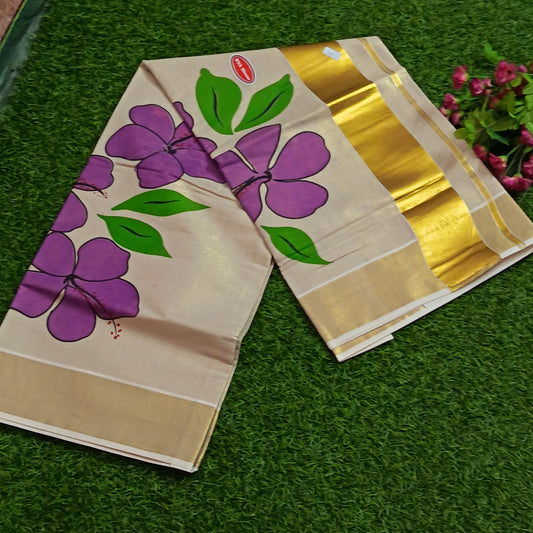 Kerala Tissue Saree with Hand-Painted Hibiscus & Gold Zari Border