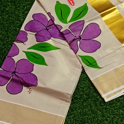 Kerala Tissue Saree with Hand-Painted Hibiscus & Gold Zari Border