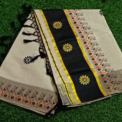 Ivory & Black Floral Print Cotton Saree