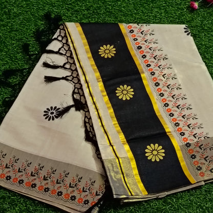 Ivory & Black Floral Print Cotton Saree