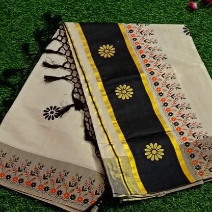 Ivory & Black Floral Print Cotton Saree