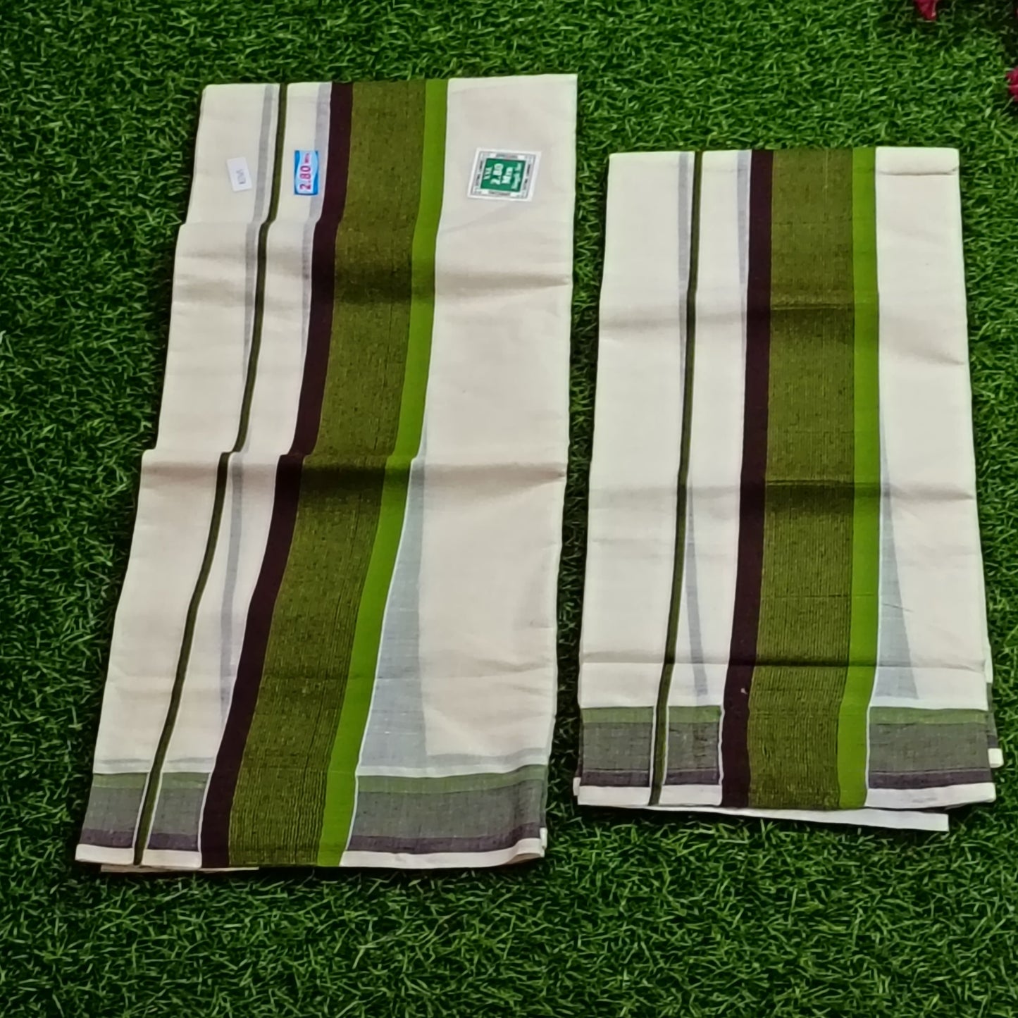 Kerala Traditional Mundu Set – Olive Green & Brown Stripe Border