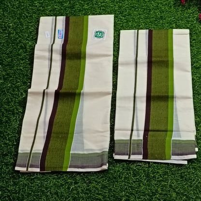 Kerala Traditional Mundu Set – Olive Green & Brown Stripe Border