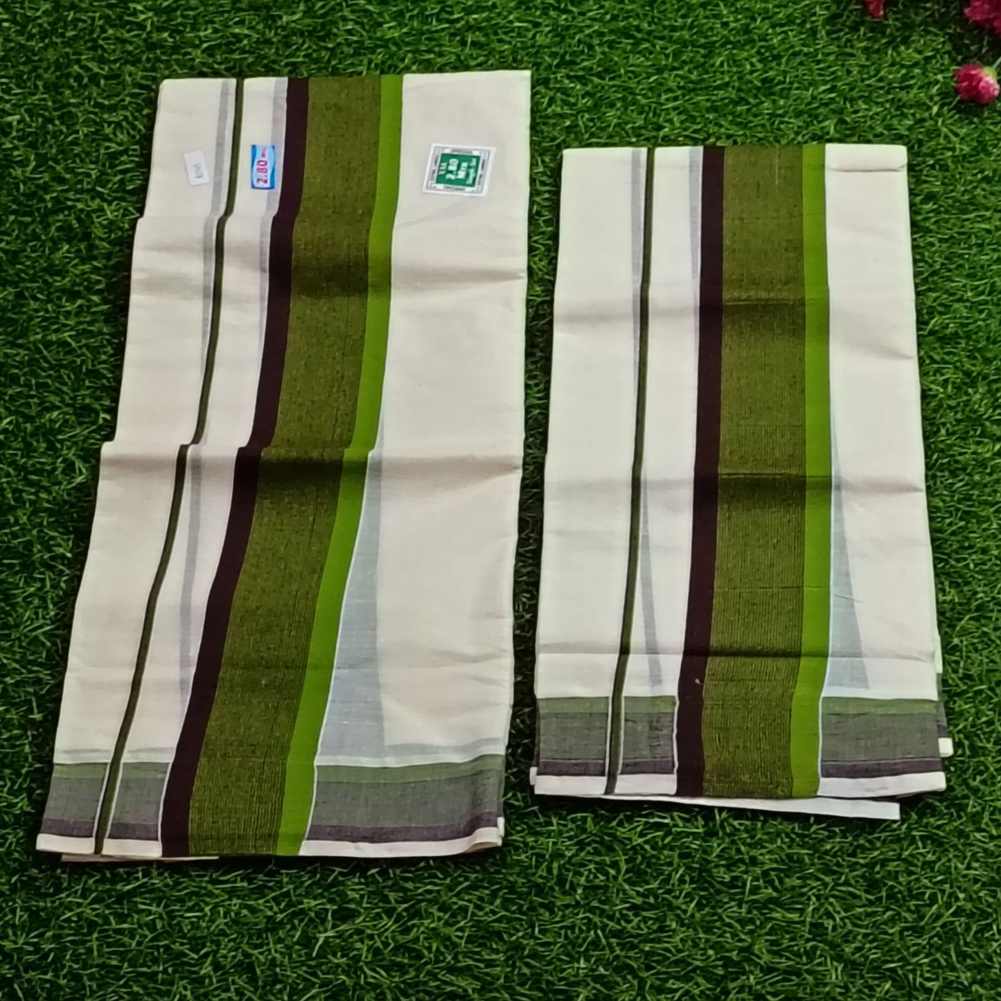 Kerala Traditional Mundu Set – Olive Green & Brown Stripe Border