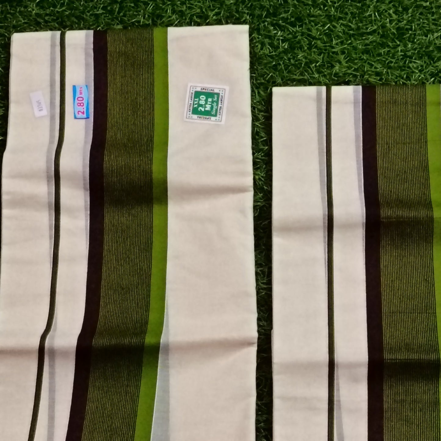 Kerala Traditional Mundu Set – Olive Green & Brown Stripe Border