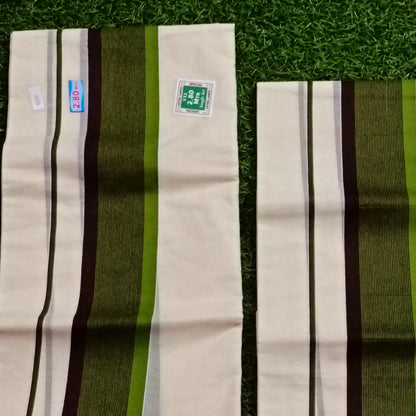 Kerala Traditional Mundu Set – Olive Green & Brown Stripe Border