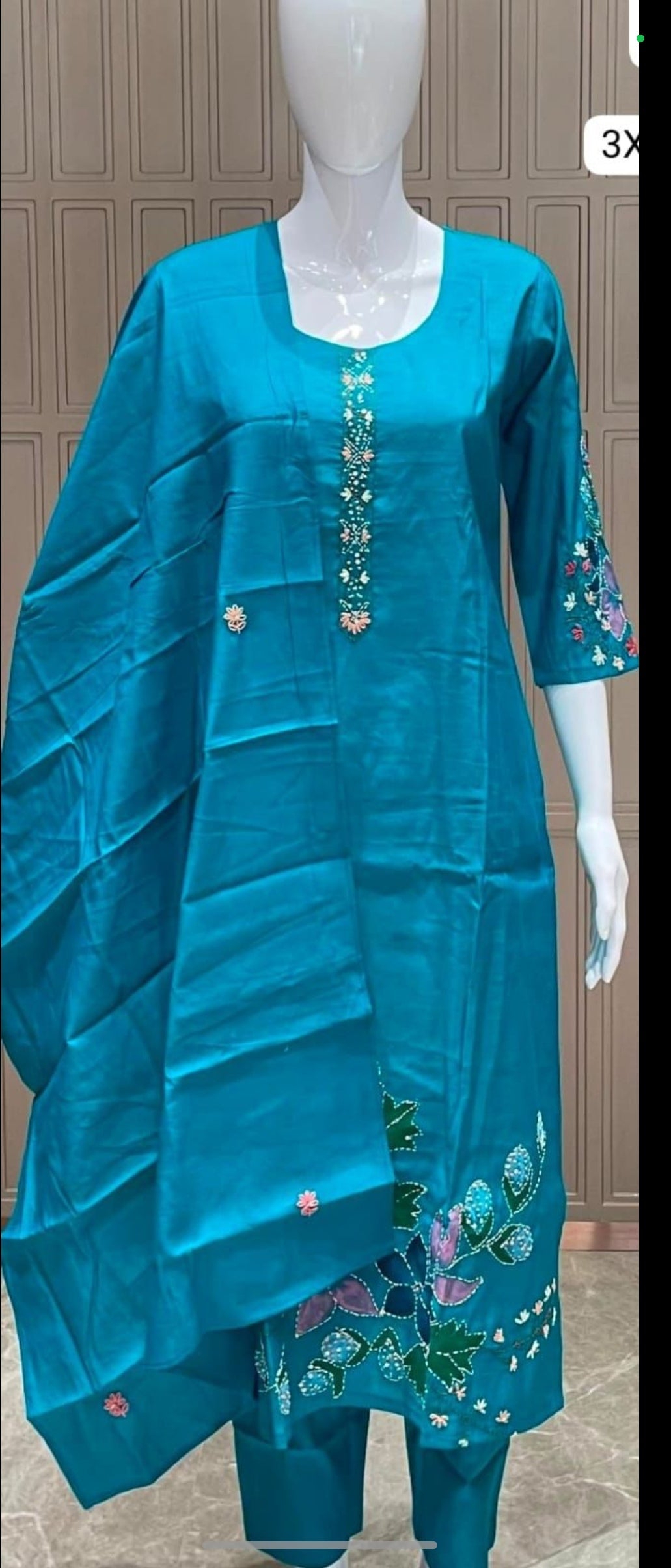 Plus Size Designer Churidar Set – Teal Embroidered Silk Suit (3XL | 4XL | 5XL)