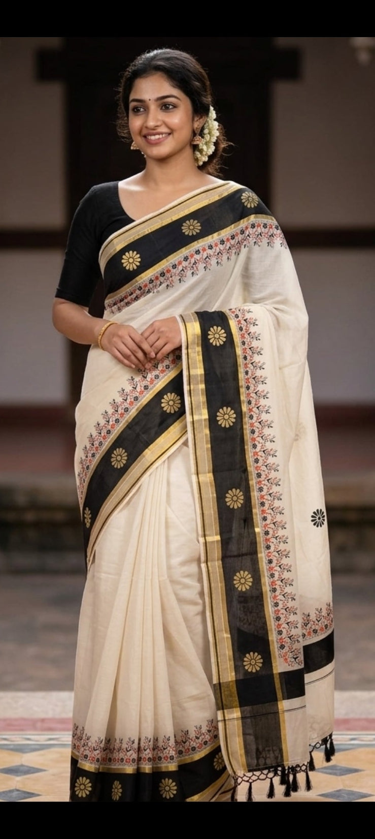 Ivory & Black Floral Print Cotton Saree