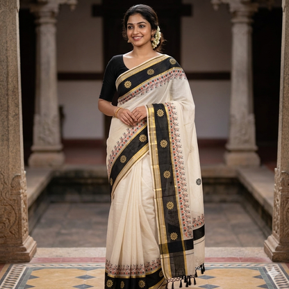 Ivory & Black Floral Print Cotton Saree