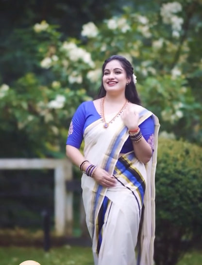 Kerala Set mundu with Royal Blue Border