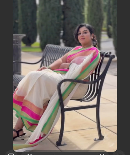 Mul Cotton Saree – Ivory Multicolour Striped Border