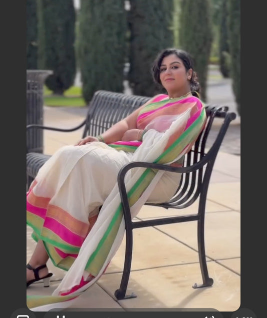Mul Cotton Saree – Ivory Multicolour Striped Border