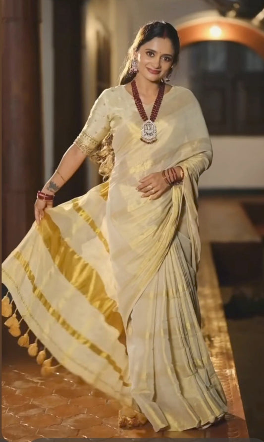 Ivory Mul Cotton Kerala Saree with Gold Zari Border