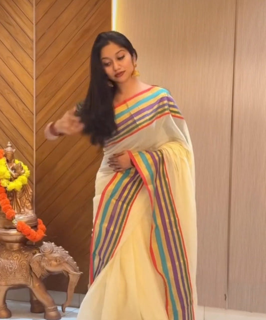 Mul Cotton Saree – Multicolour Stripe Border