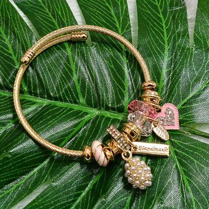 Pearl & Crystal Charm Bangle – Gold