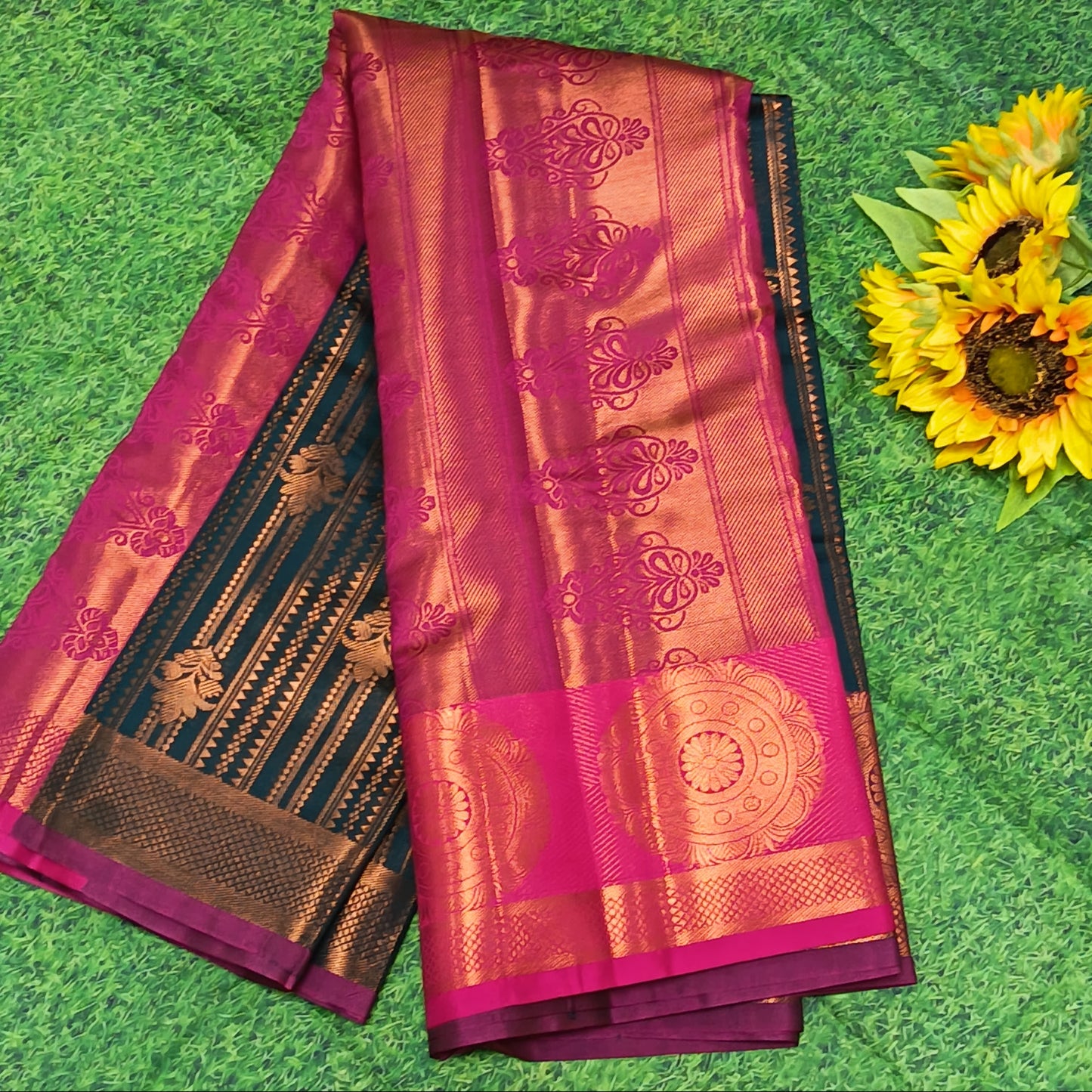 Soft Silk Saree | Teal & Magenta Zari Weave