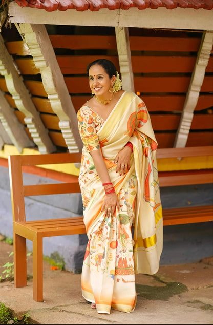 Kerala Heritage Kathakali Signature Saree | Gold Kasavu Border | Limited Edition