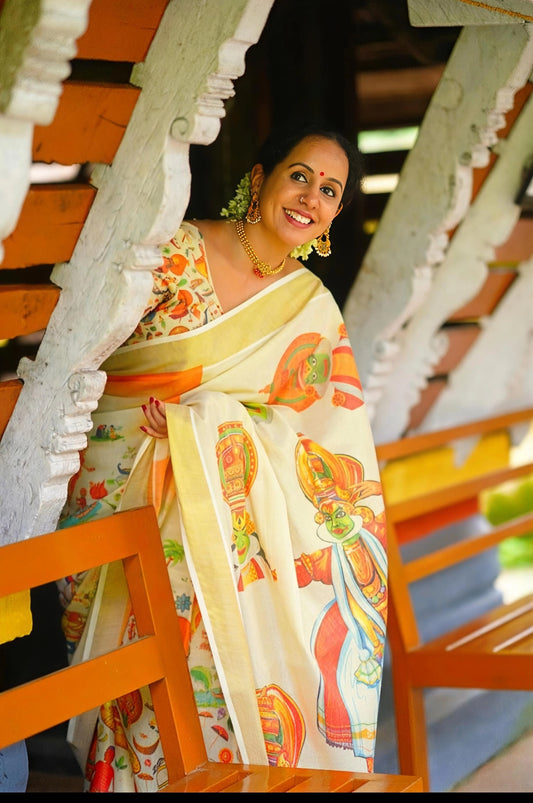 Kerala Heritage Kathakali Signature Saree | Gold Kasavu Border | Limited Edition