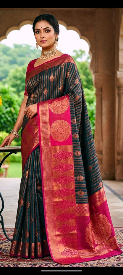 Soft Silk Saree | Teal & Magenta Zari Weave