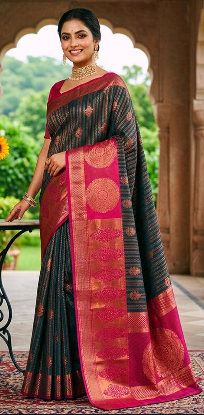 Soft Silk Saree | Teal & Magenta Zari Weave