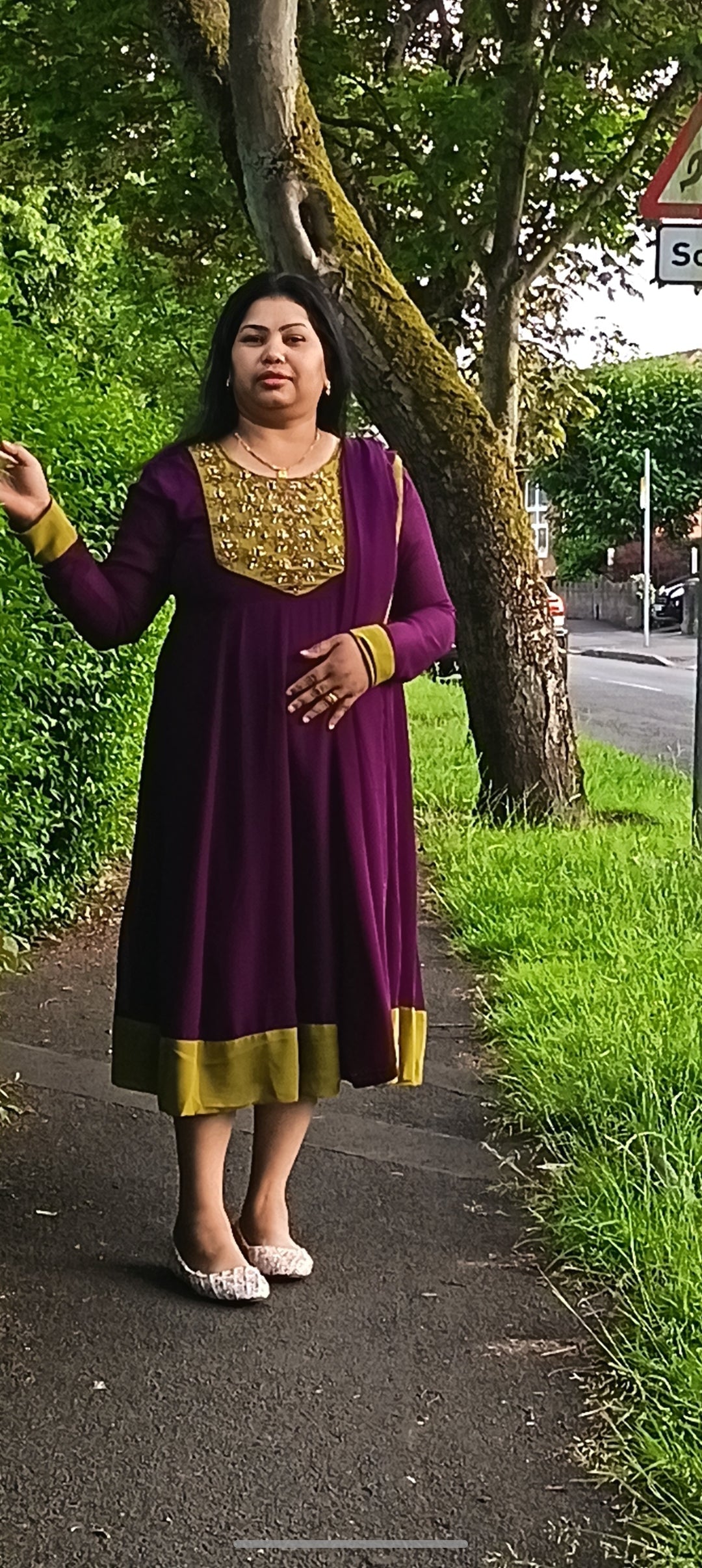 Purple & Gold Panel Cut Churidar Two-Piece Set