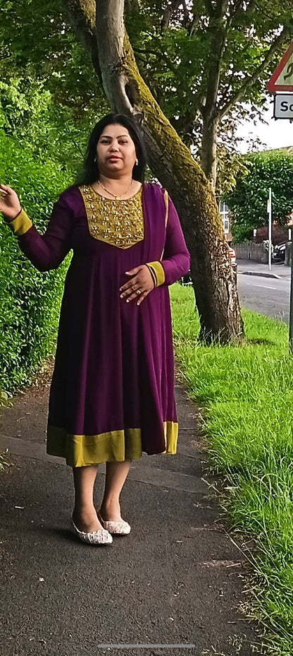 Purple & Gold Panel Cut Churidar Two-Piece Set