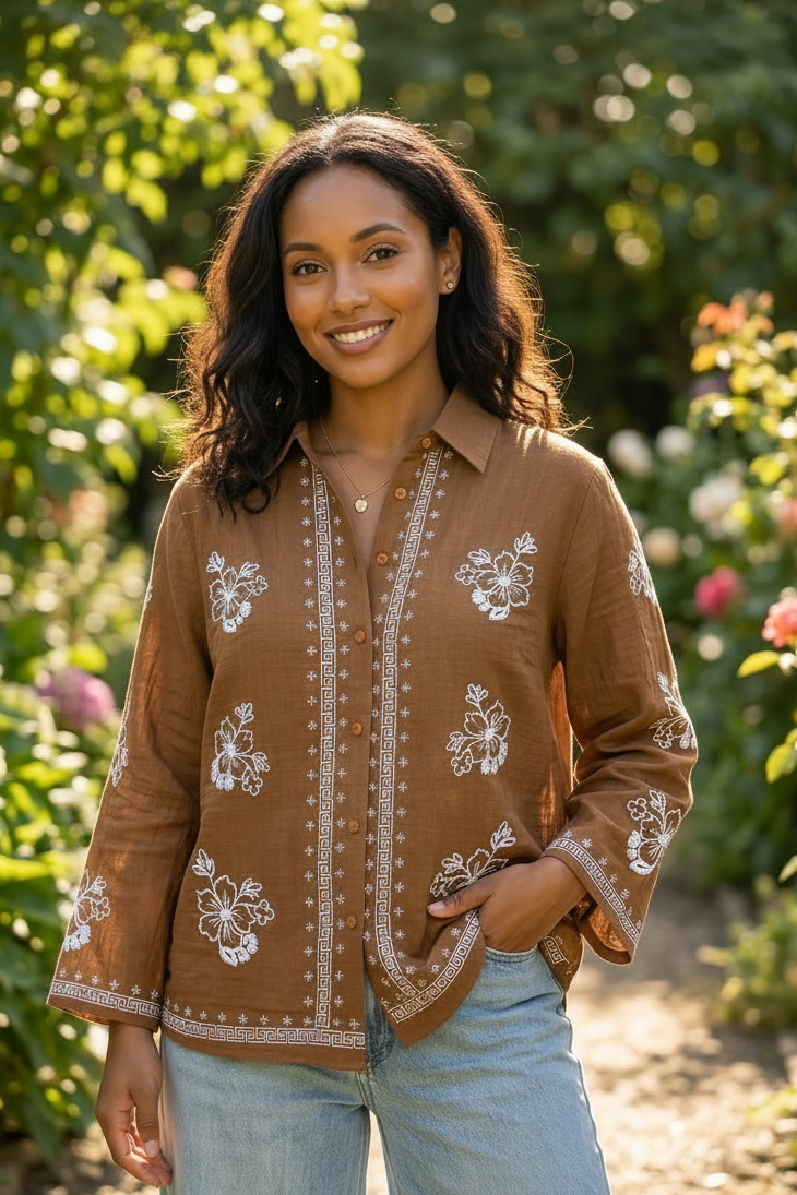 Brown Floral Embroidered Short Top