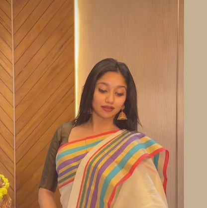 Mul Cotton Saree – Multicolour Stripe Border