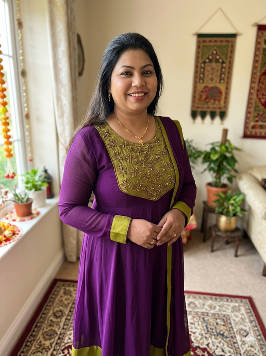 Purple & Gold Panel Cut Churidar Two-Piece Set