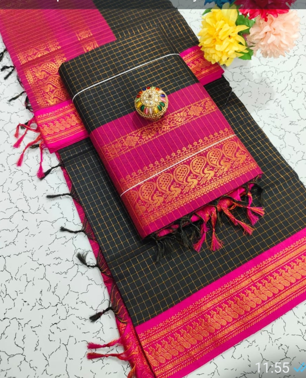 KALYANI COTTON CHECKED SAREES WITH STICHED BLOUSES.