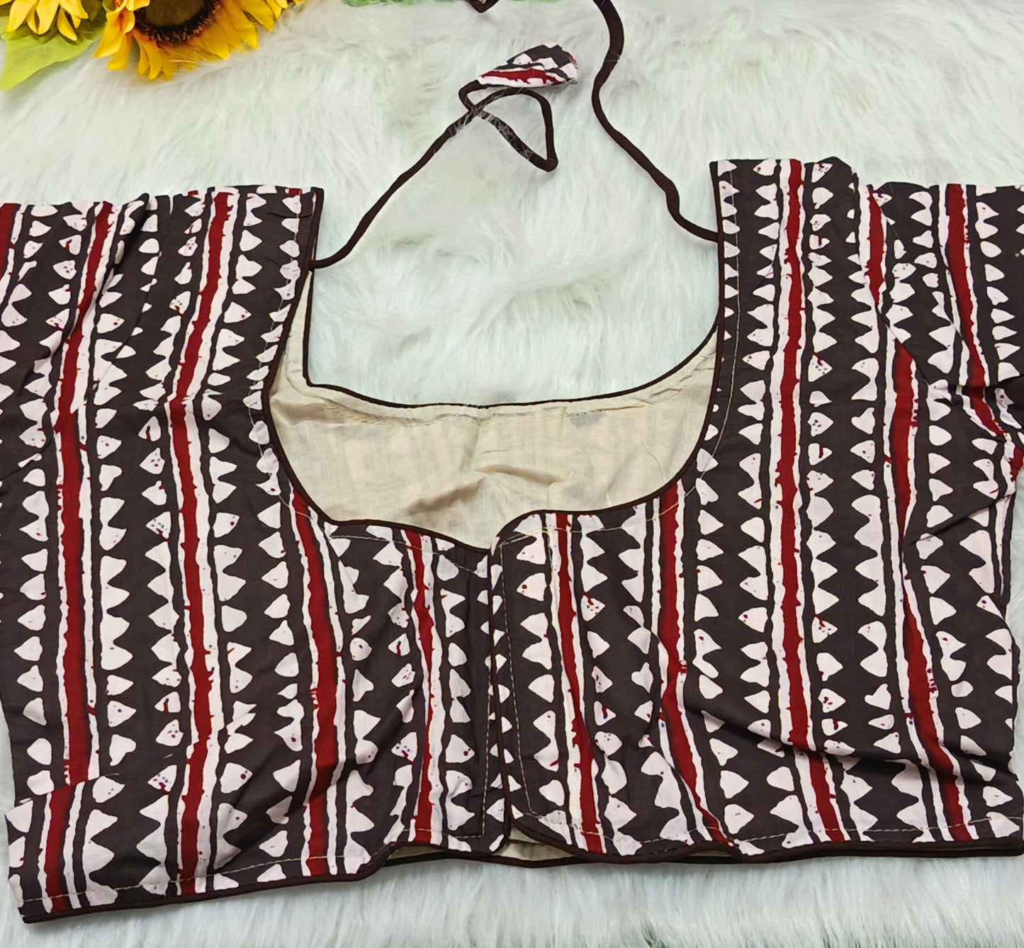 Brown & Red Block Print Ready-to-Wear Blouse | Angel Designer