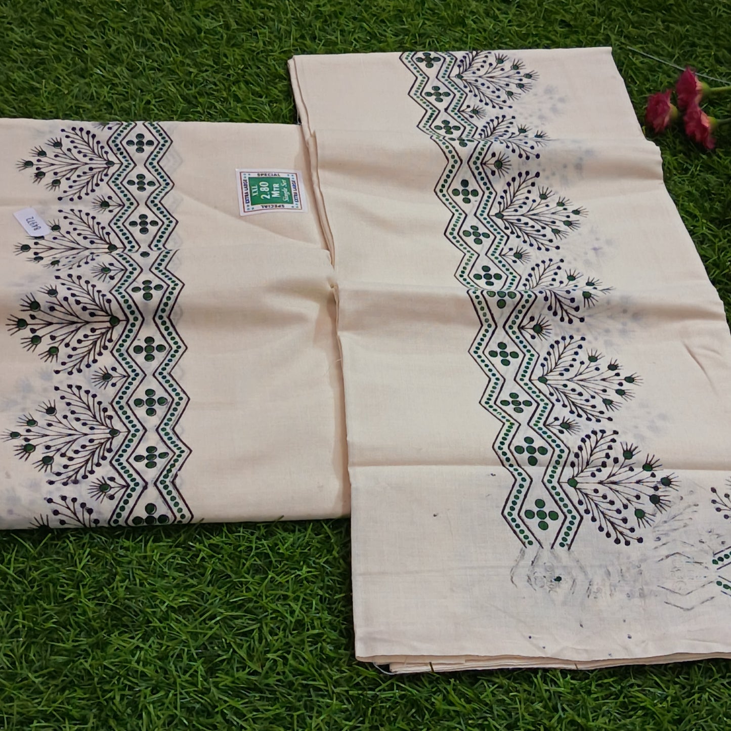 Kerala Cotton Mundu with Floral Zigzag Print Border