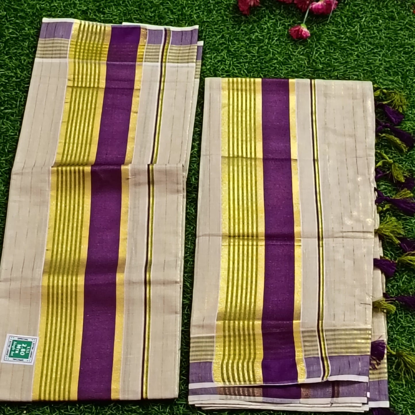 Kerala Cotton Mundu with Gold Zari & Purple Stripes