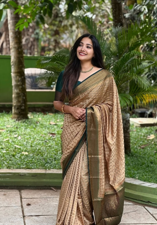 THE MOST FAVOURITE COMBINATION CHIKKU GREEN SEMI-BANARASI SAREE.