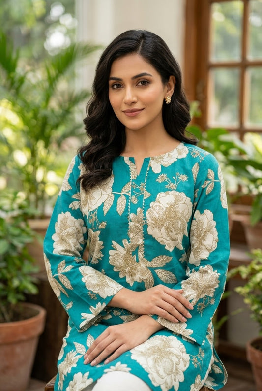 Teal Floral Print Short Kurti Top
