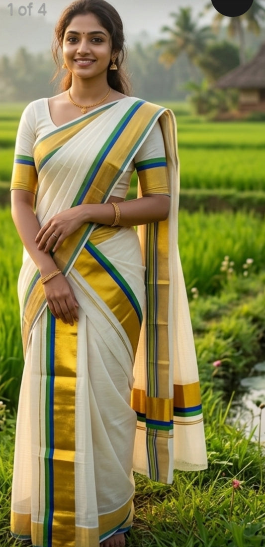 Kerala Traditional Kasavu Set Mundu – Gold Zari with Colour Border