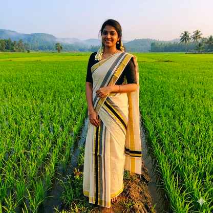 Kerala Set Mundu with Black & Gold Kasavu Border