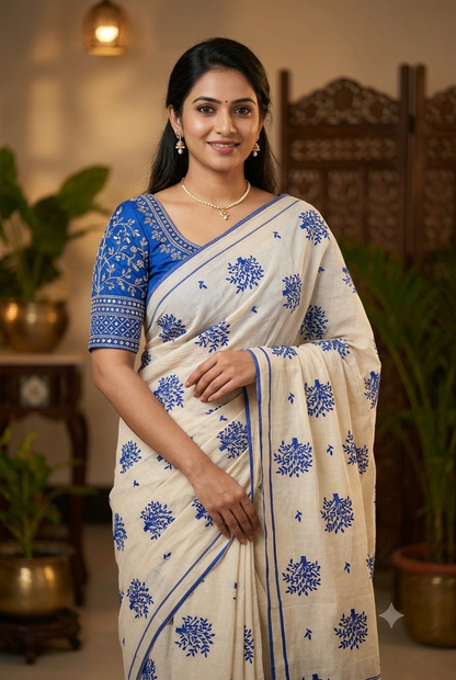 Puliyila kara  Saree with Tree Embroidery Work