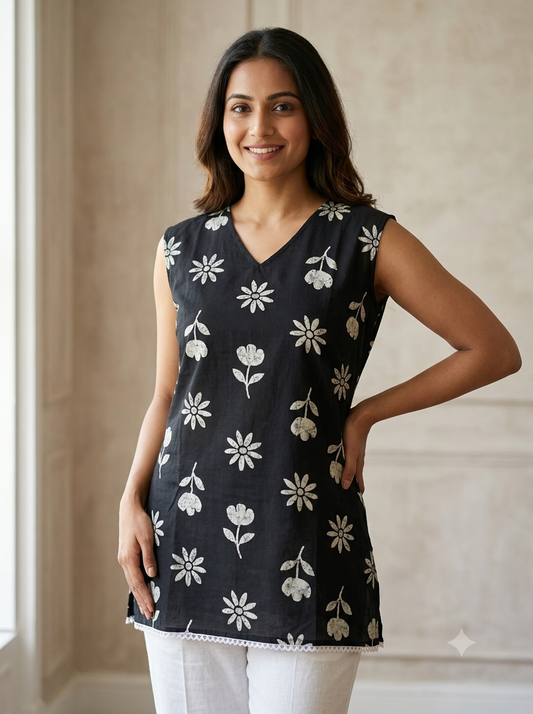 Black Daisy Floral Print Sleeveless                 ( Sleeves inside) Short Top