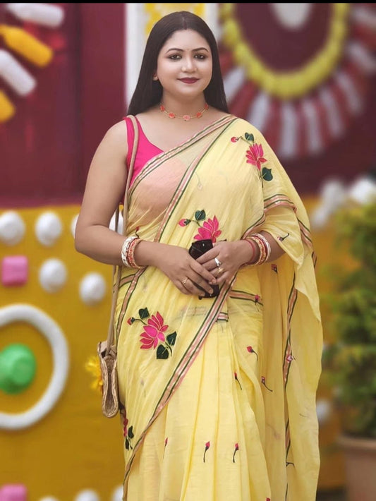 Sunshine Yellow Mul Cotton Saree with Embroidery Lotus Motifs