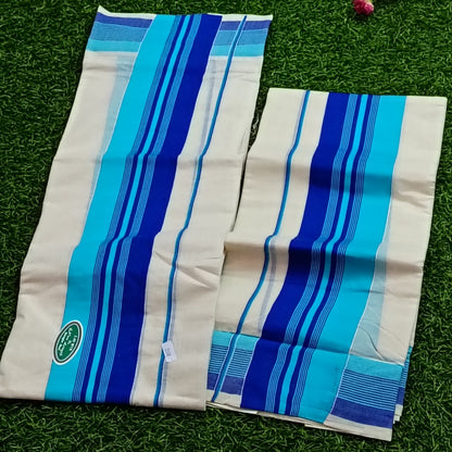 Kerala Cotton Mundu with Blue Stripes