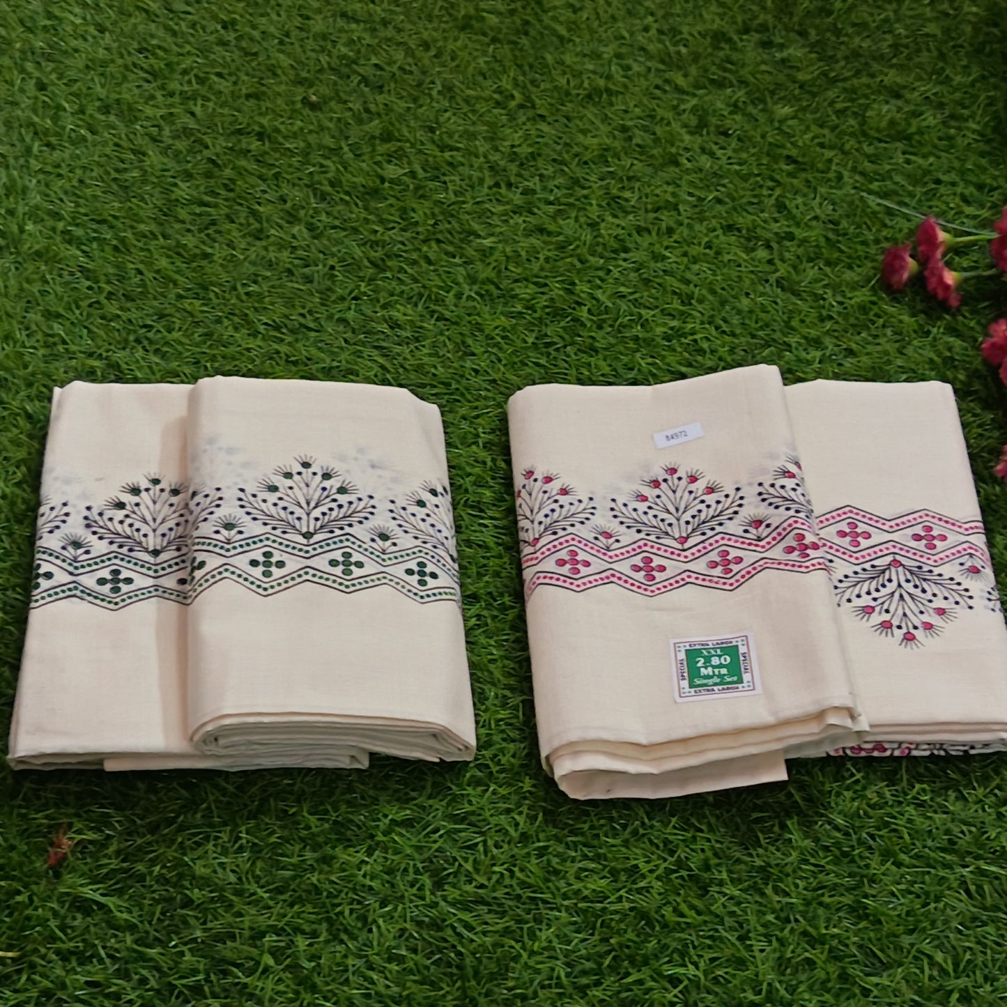Kerala Cotton Mundu with Floral Zigzag Print Border