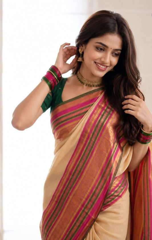 Mul Cotton Saree with Striped Zari Border & Contrast Blouse
