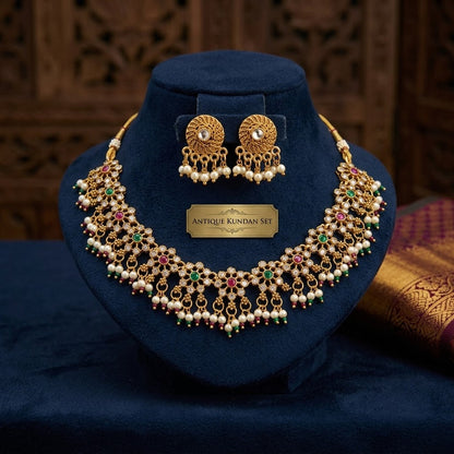 Antique Kundan Pearl Choker Necklace & Jhumka Earring Set | Bridal Indian Jewellery