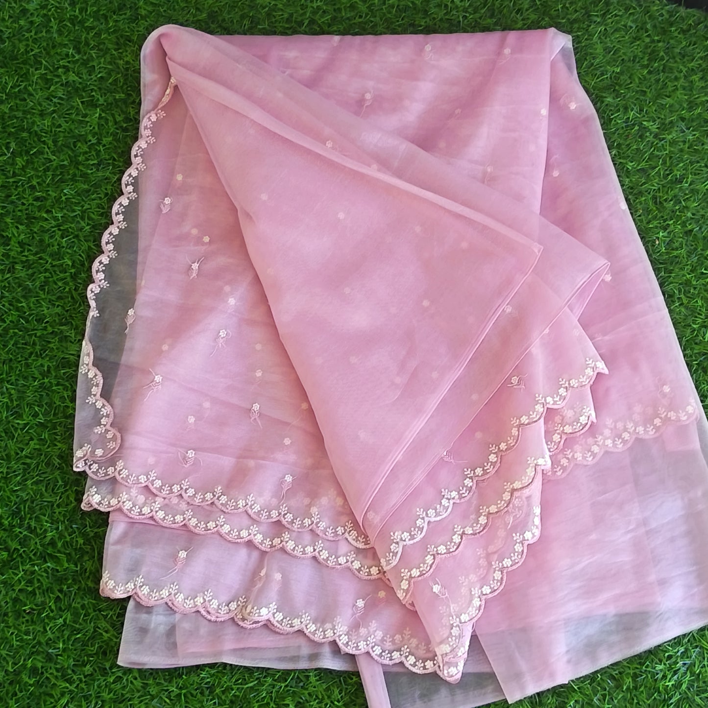 Blush Pink Glass Organza Saree with Stitched Blouse